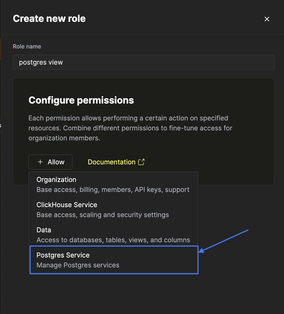 Postgres Service 엔터티 선택