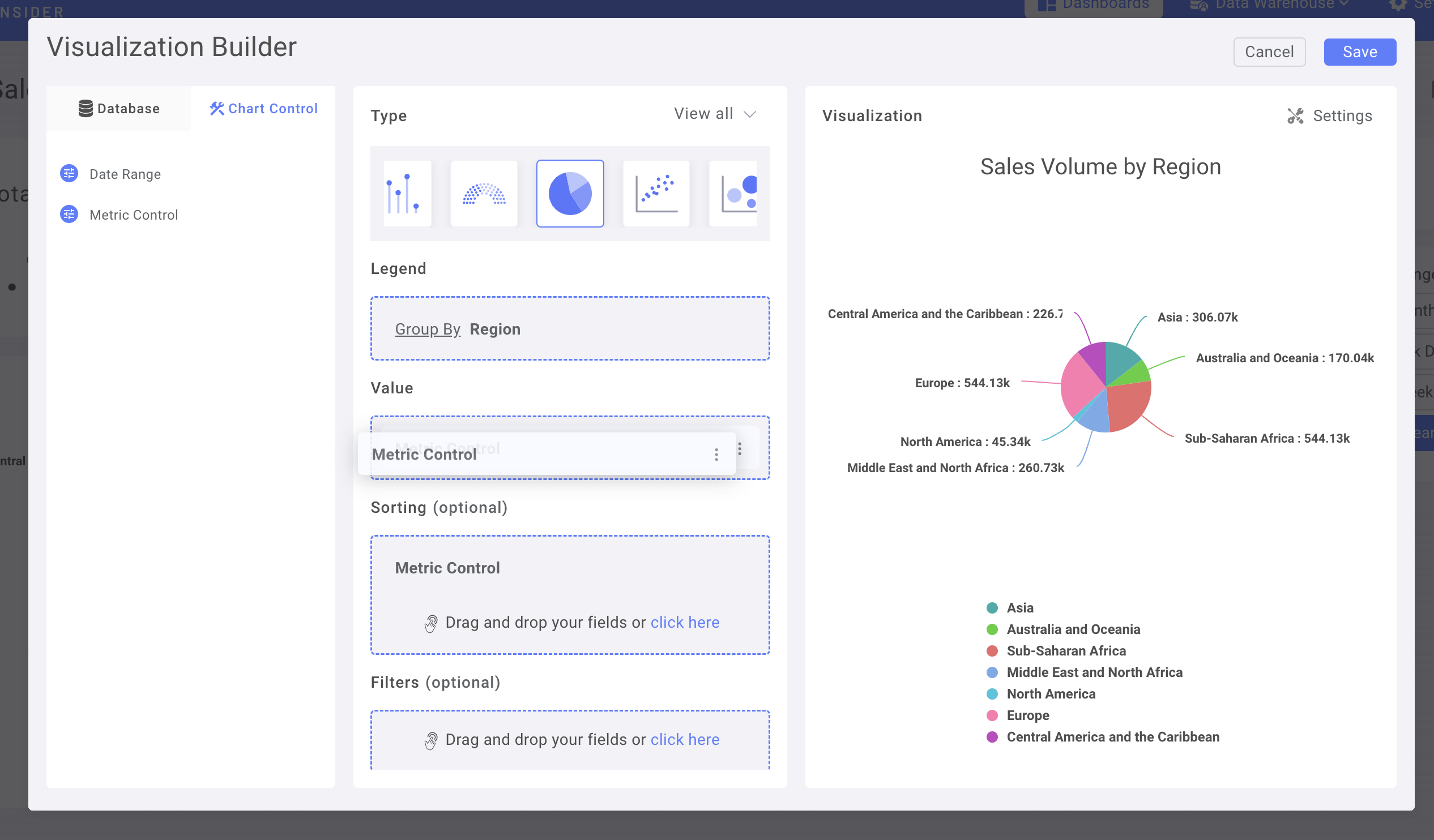 파이 차트의 Value 필드에 추가되는 Metrics Control