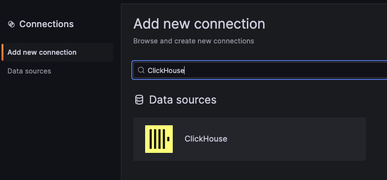 Connections 페이지에서 ClickHouse 플러그인을 선택